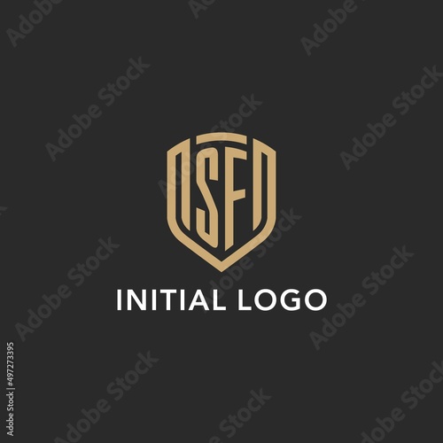 Luxury SF logo monogram shield shape monoline style with gold color and dark background