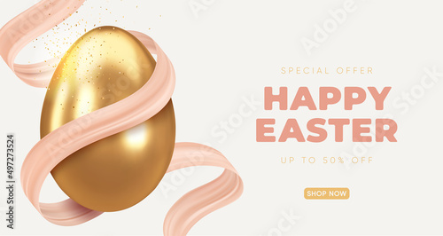 Easter Holiday background with golden egg and elegant ribbon. Vector illustration. 