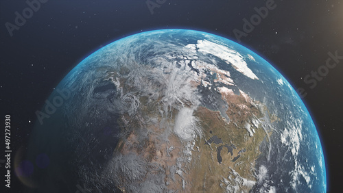 Fototapeta Naklejka Na Ścianę i Meble -  Planet Earth.Realistic planet Earth high resolution. Planet earth view from space. The rotation of the earth around the sun. View of North America and Canada from space. Sunrise over North America. 