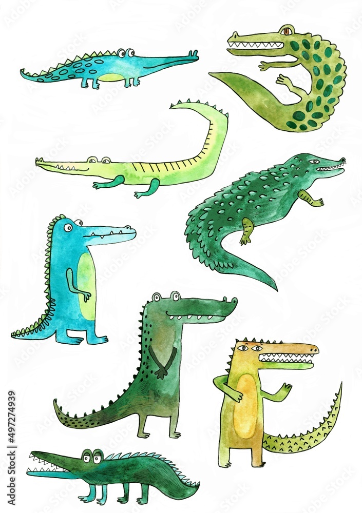 Fototapeta premium A set of cute watercolor crocodiles, illustration