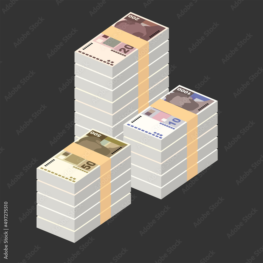 Croatian Kuna Vector Illustration. Croatia money set bundle banknotes. Paper money 100, 200, 500, 1000 HRK. Flat style. Isolated on white background. Simple minimal design.