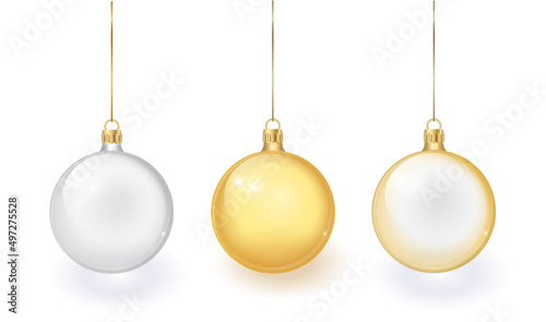 Vector Realistic 3d Christmas Glossy Glass Ball, Mock-up Set Closeup Isolated on Transparency Grid Background. Design Template of Xmas and New Year Tree Toy Decoration Ball for Mockup