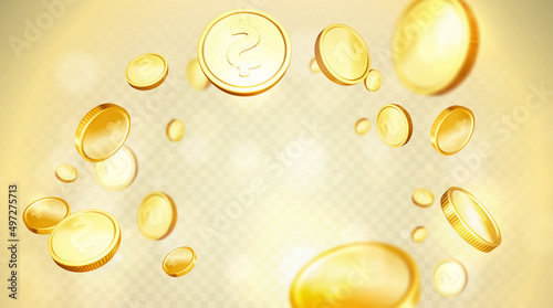 Realistic explosion of gold coins. Isolated on a transparent background.