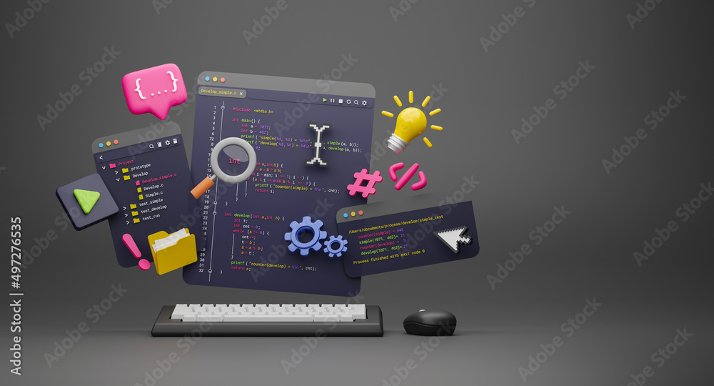 Programmer developer typing script source languages coding symbols  icon development project data programming software engineering IT technologies computer. 3d rendering. - obrazy, fototapety, plakaty 