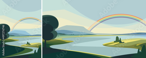 Fototapeta Naklejka Na Ścianę i Meble -  Landscape with river and rainbow. Natural scenery in different formats.