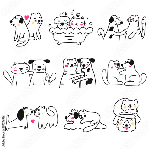 Collection of outline icons of cats and dogs together. Hand drawn vector illustrations on white background.