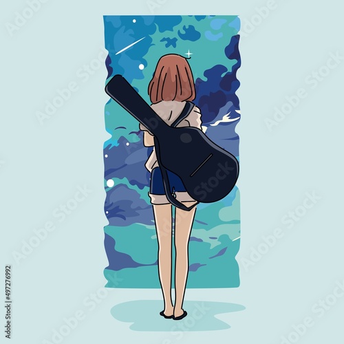 vector illustration of a girl standing with a guitar looking up at the sky from the window