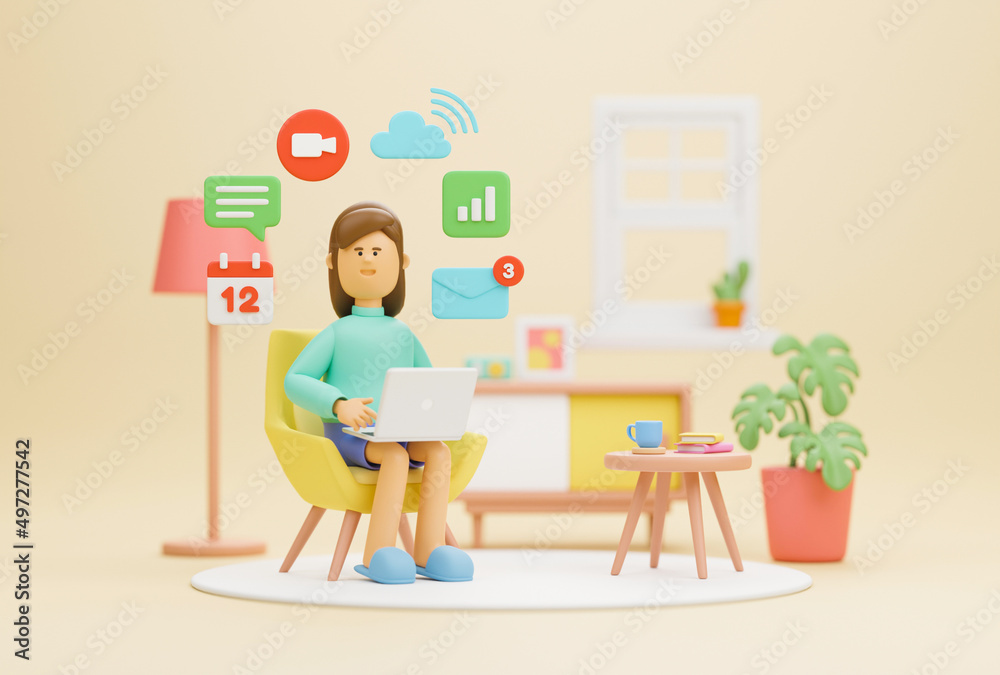 Work from home office quarantine. Freelancer character working business from home using remotely laptop computer video call online webcam conference meeting creative group. 3d rendering. Work from home office quarantine. Freelancer character working business from home using remotely laptop computer video call online webcam conference meeting creative group. 3d rendering.