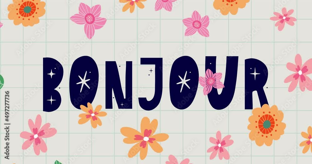 bonjour madame hello madam in english hand drawn design flower girl lettering design with bird positive quote flower design margarita mariposa flowers, 4k, footage, Motion, graphic
