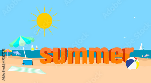 Summer beach scene background. 3D text on beach. Copy space