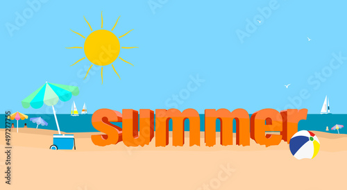 Summer beach scene background. 3D text on beach. Copy space