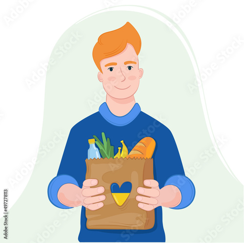 Vector illustration man with a bag of food. Support for ukraine