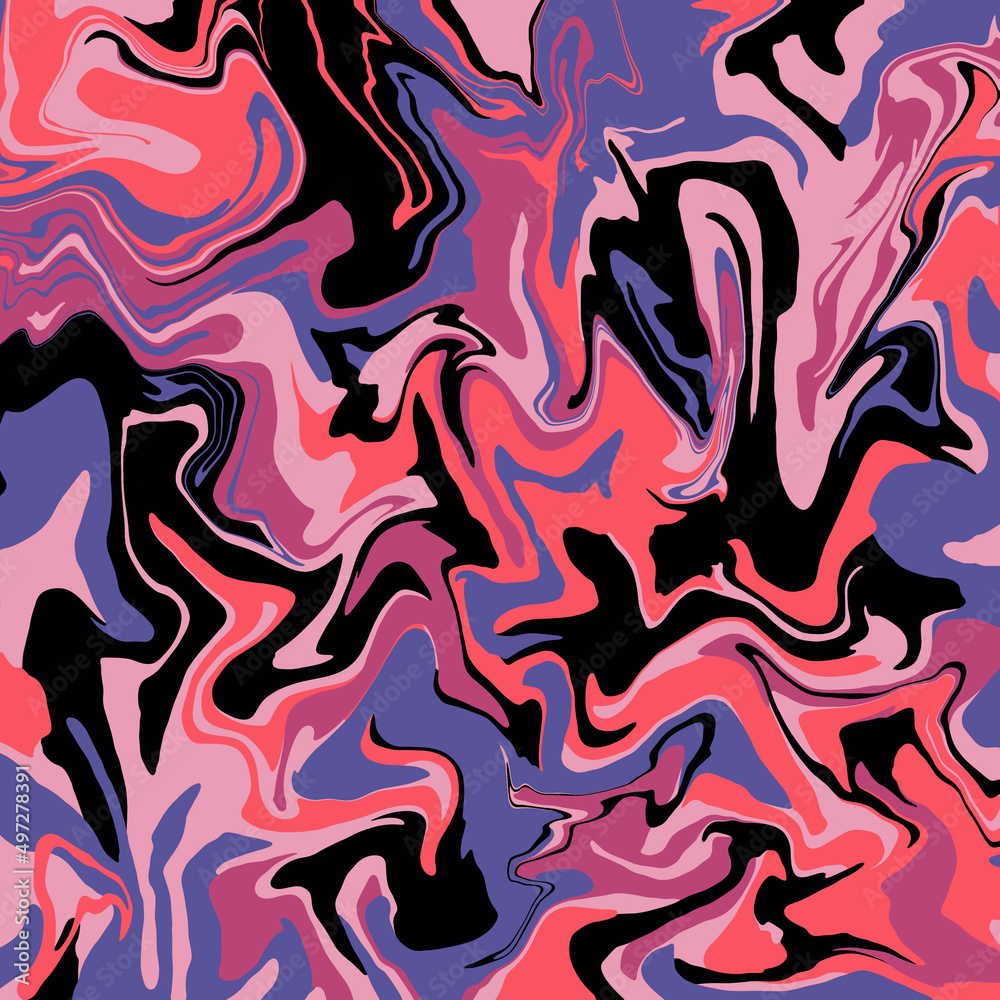 Bright multicolored marbled abstract pattern with dynamic interlaced curved lines in red, pink, blue and black