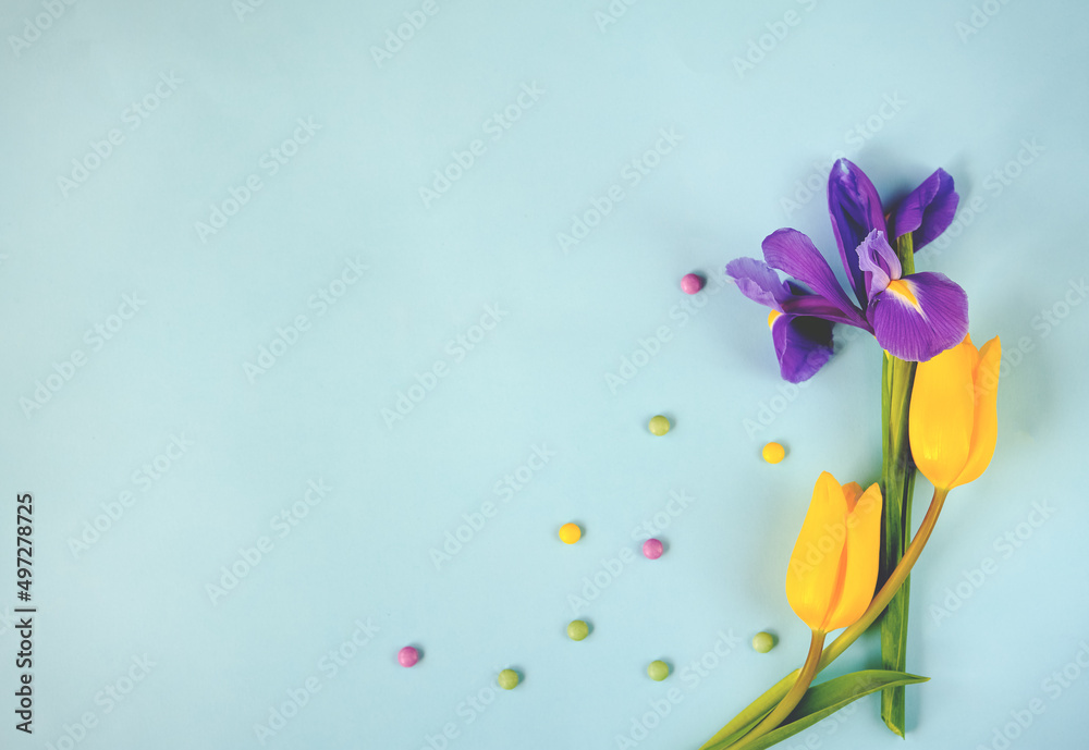 Easter eggs, tulips and candies in a frame. Spring holiday background.