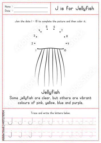 Children Learning Printable - Connecting Dot to Dot, Coloring, Reading and Tracing Alphabet J