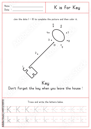 Children Learning Printable - Connecting Dot to Dot, Coloring, Reading and Tracing Alphabet K