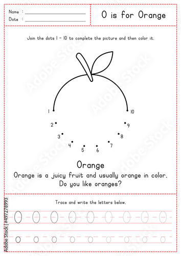 Children Learning Printable - Connecting Dot to Dot, Coloring, Reading and Tracing Alphabet O