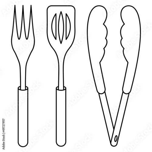 A set of barbecue tools. Sketch. A large barbecue fork with three prongs, a spatula and tongs. Vector illustration. Coloring book. Outline on an isolated background. Doodle style. Tools for turning