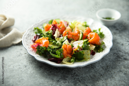 Healthy vegetable salad with smoked salmon