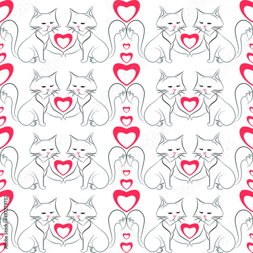 Seamless pattern with cats and hearts
