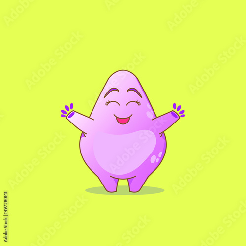 Happy smiling adorable bouncy creature with hug pose in pink color cartoon vector illustration concept for children, isolated on yellow background