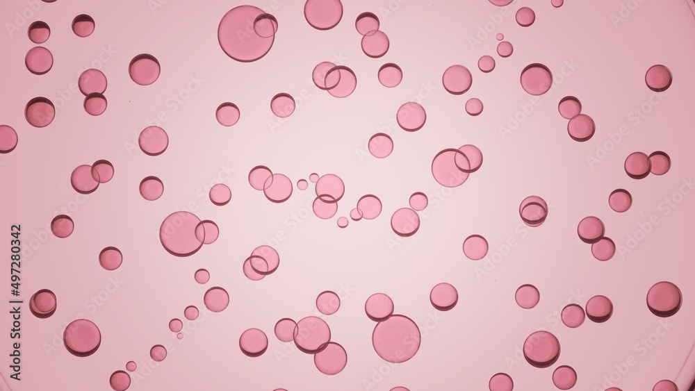 A lot of pink transparent different sized oil drops floating spontaneously against pale pink background | Abstract background for skincare product A lot of pink transparent different sized oil drops floating spontaneously against pale pink background | Abstract background for skincare product