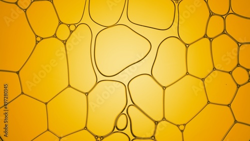 Transparent liquid flows between different sized clear yellow bubbles joined each to other disconnecting them on yellow background | Macro shot of body care cosmetics with olive extract
