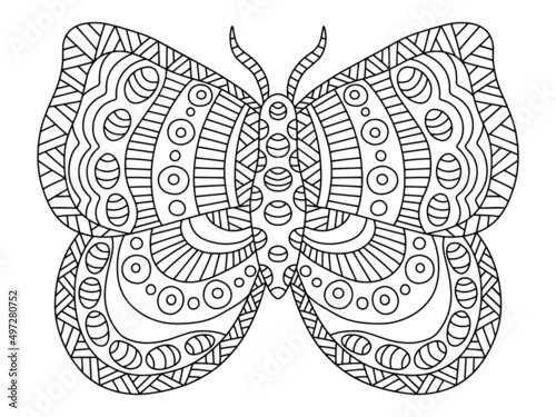 Fantasy hand-drawn butterfly or moth linear vector illustration. Decorative insect coloring page for adults vector illustration. Symmetry mole with ornaments on wings printable page