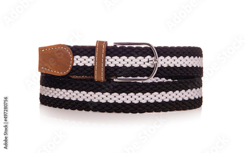 Leather belt, belt for woman, designed belt, belt placed on a white surface, belt made of colored fabric