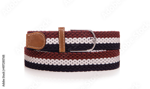 Leather belt, belt for woman, designed belt, belt placed on a white surface, belt made of colored fabric