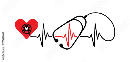 Abstract stethoscope with red heart, electrocardiogram design isolated on white background. Healthcare symbol to use in health industry, cardiology, medical care, hospital, health science projects.