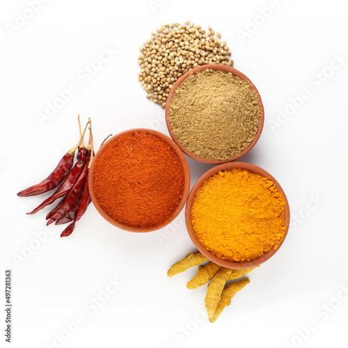 Fototapeta Naklejka Na Ścianę i Meble -  Indian spices, colour full spices in terracotta bowls