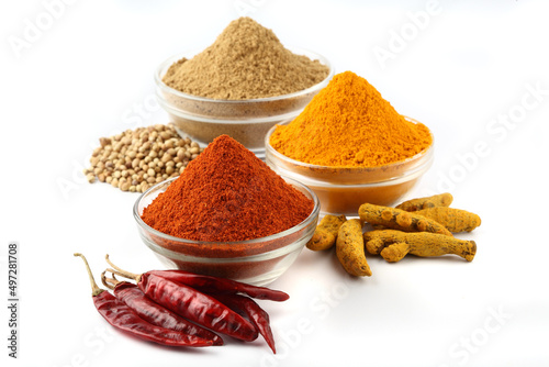 Fototapeta Naklejka Na Ścianę i Meble -  spices,Indian spices, color full spices in glass bowls Chilee,Turmeric, Coriander powders