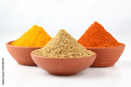Indian spices, colour full spices in terracotta bowls