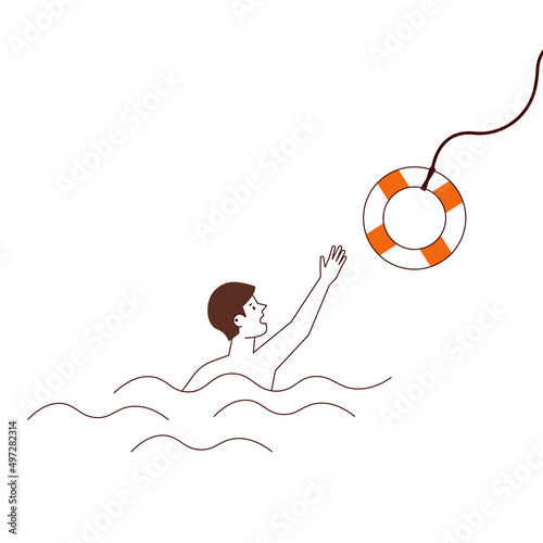 Help illustration. A drowning person is saved with a life buoy.