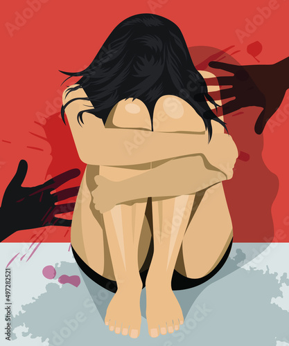 Sexual harassment, rape concept, man hands try to harass women, stop harassment and abuse, sexual violence flat vector illustration.