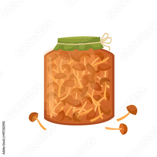 Vector illustration of a jar of pickled mushrooms. Preparations for the winter.