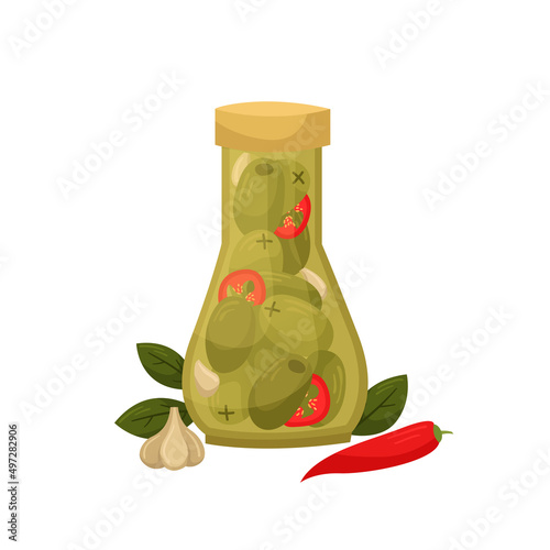 Vector illustration of a jar of pickled olives. Preparations for the winter.