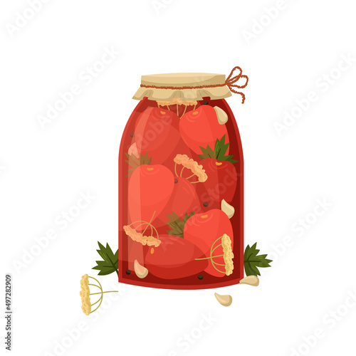 Vector illustration of a jar of pickled tomatoes. Preparations for the winter.