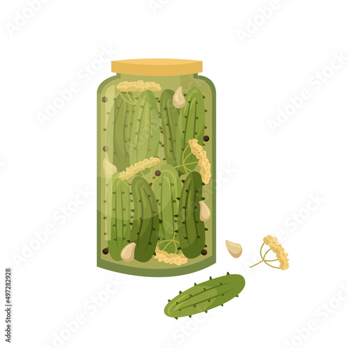 Vector illustration of a jar of pickled cucumbers. Preparations for the winter.