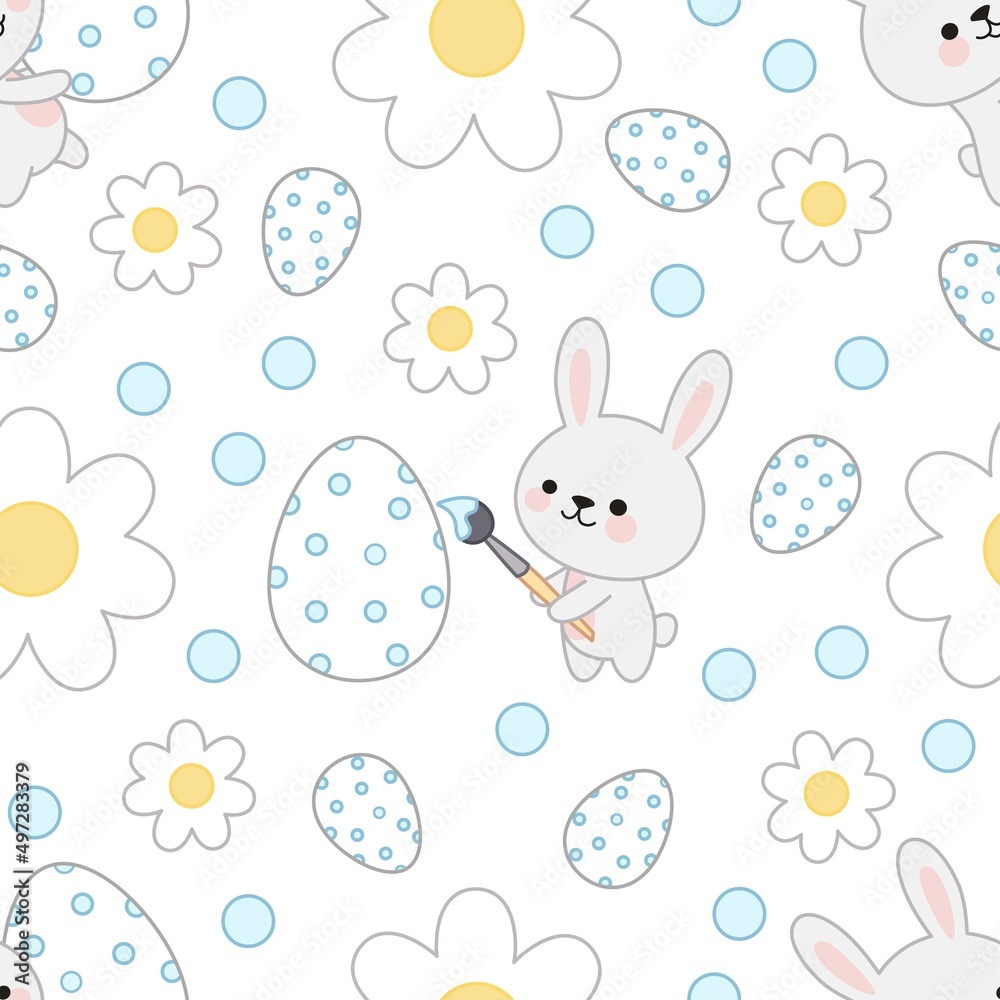 Pattern of bunnies coloring an egg, blue dots, flowers and small eggs.