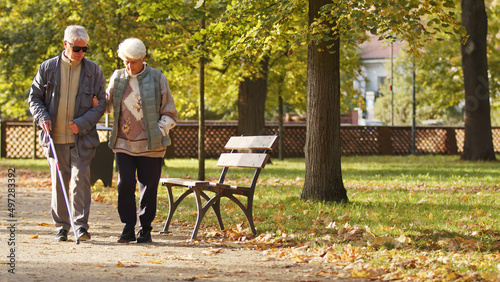 Elderly Caucasian couple walk in the park disabled blind man in glasses uses a stick and his wife helps him to go disabled people support concept full shot selective focus copy space park background
