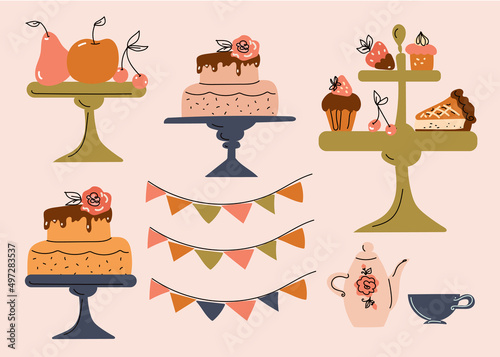 Tea party  set,  afternoon tea stand ,  cafe themed concept background.