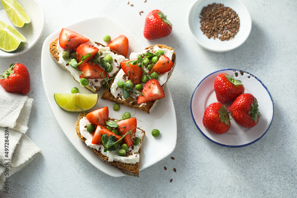 Homemade strawberry bruschetta with green pea Homemade strawberry bruschetta with green pea