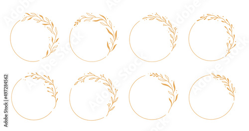 Gold circle frame, elegant wreath round border. Hand drawn doodle sketch style. Floral circle frame, flourish design element for wedding, greeting card. Vector illustration.
