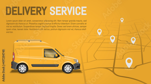Fast delivery package by van on yellow background with road map. Online ordering and tracking service concept vector illustration