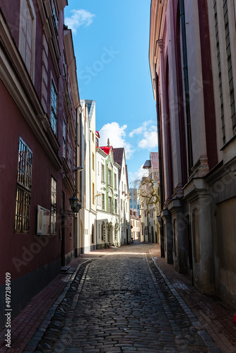 Narrow cobblestone street in The Old Town Riga, Latvia in spring