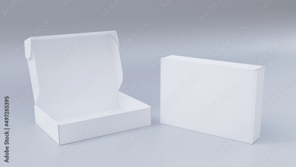 White product box template. Opened and closed packaging boxes. Mailing box - obrazy, fototapety, plakaty 