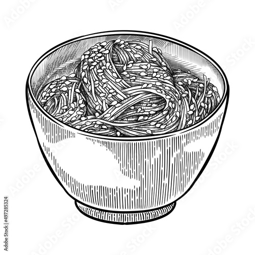 Portion of seaweed chuka salad with sesame seeds. Isolated hand drawn vector illustration.