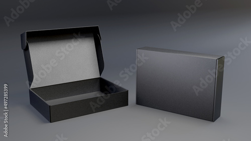 Black product box template. Opened and closed box mockup